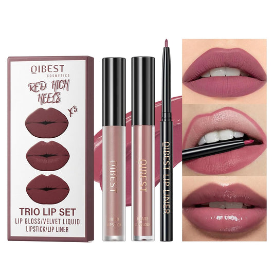 3 in 1 Lip Gloss Set with Matte Lipstick ,Moisturizing Lip Gloss and 2Mm Lip Liner Liquid Lipstick Long Lasting Makeup Lip Plumping Lipstick Lipgloss Soft and Smooth like Cream (01 - Sunset Encounter)