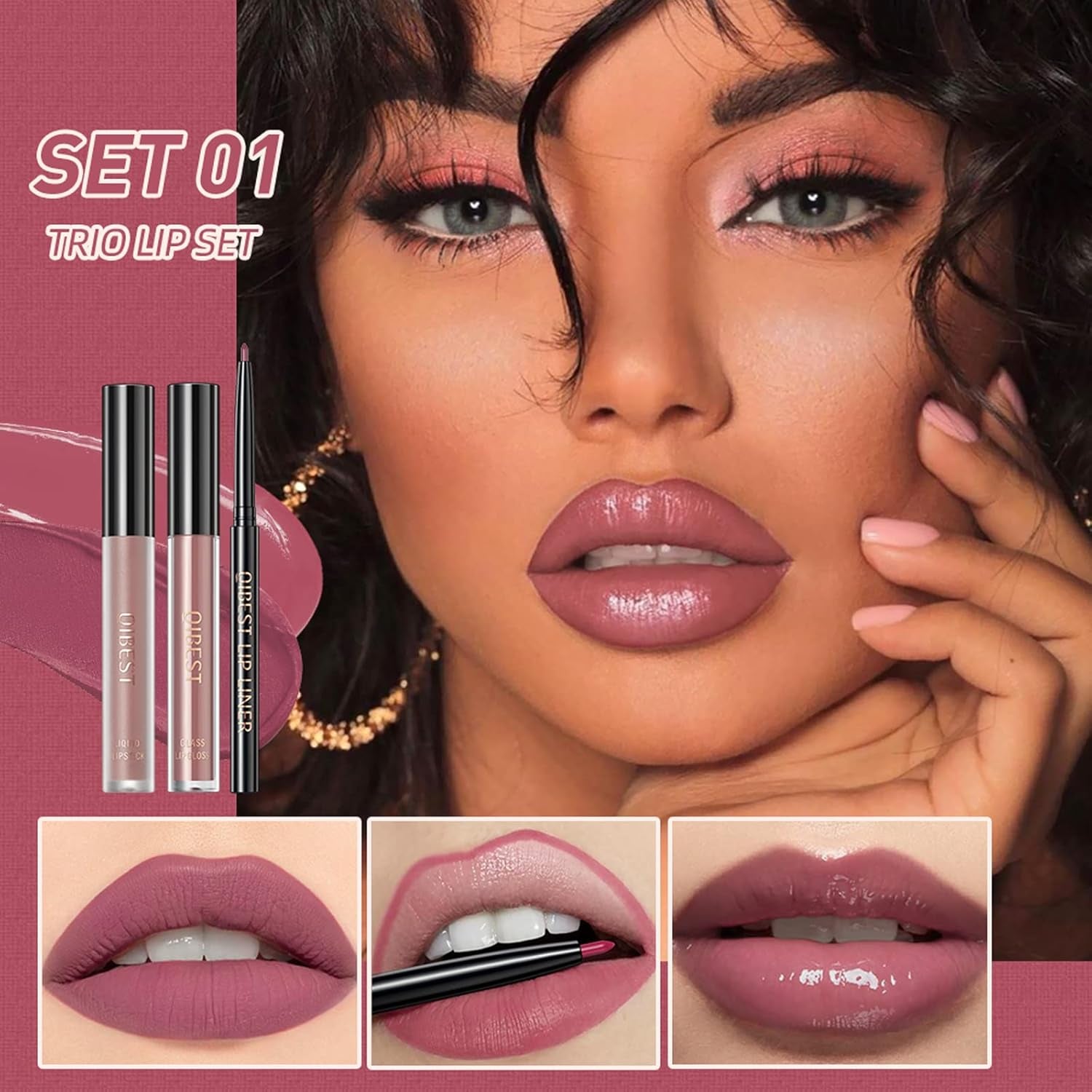 3 in 1 Lip Gloss Set with Matte Lipstick ,Moisturizing Lip Gloss and 2Mm Lip Liner Liquid Lipstick Long Lasting Makeup Lip Plumping Lipstick Lipgloss Soft and Smooth like Cream (01 - Sunset Encounter)